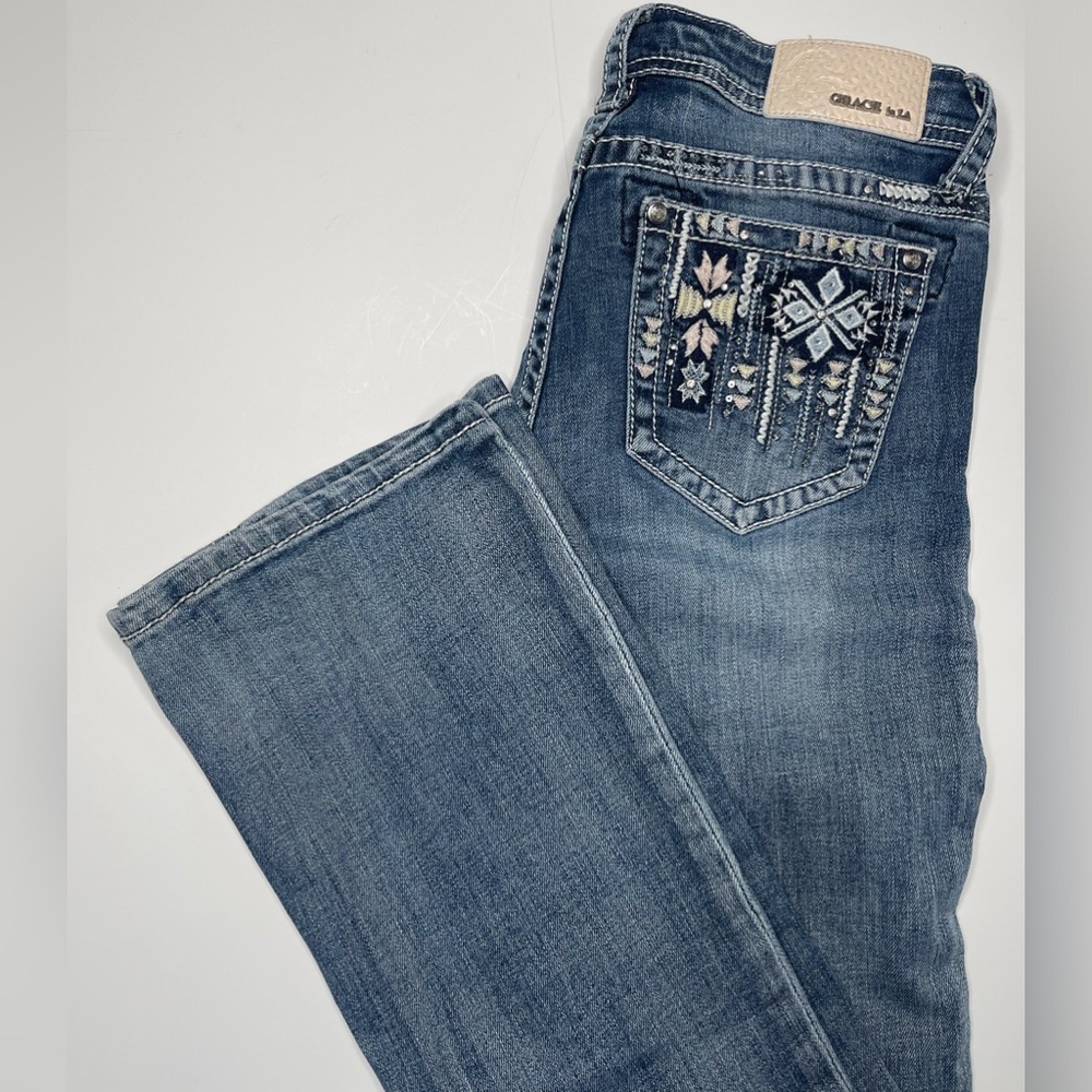 Grace In LA 27 Embroidery Embellished Mid Rise Bootcut Jeans Cowgirl Western